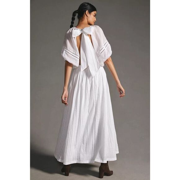 Joslin Anthropologie White Julianna Cotton Maxi Dress 4 Puff Sleeves Open Back - Picture 7 of 13